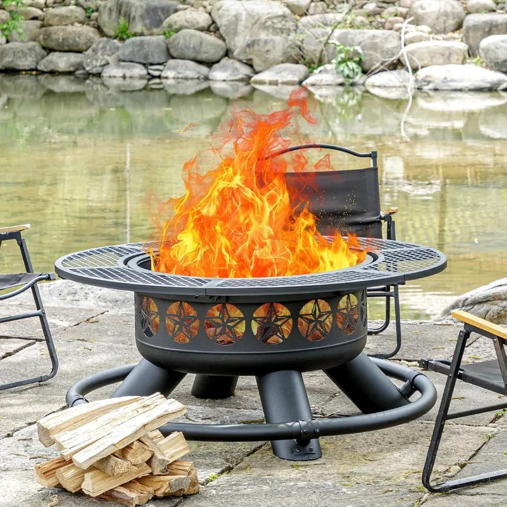 Outdoor Fire Pit With Grills 3 In 1 Round Metal BBQ