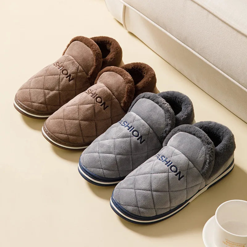 COZOKC Men Winter Furry Slippers Warm Indoor Shoes