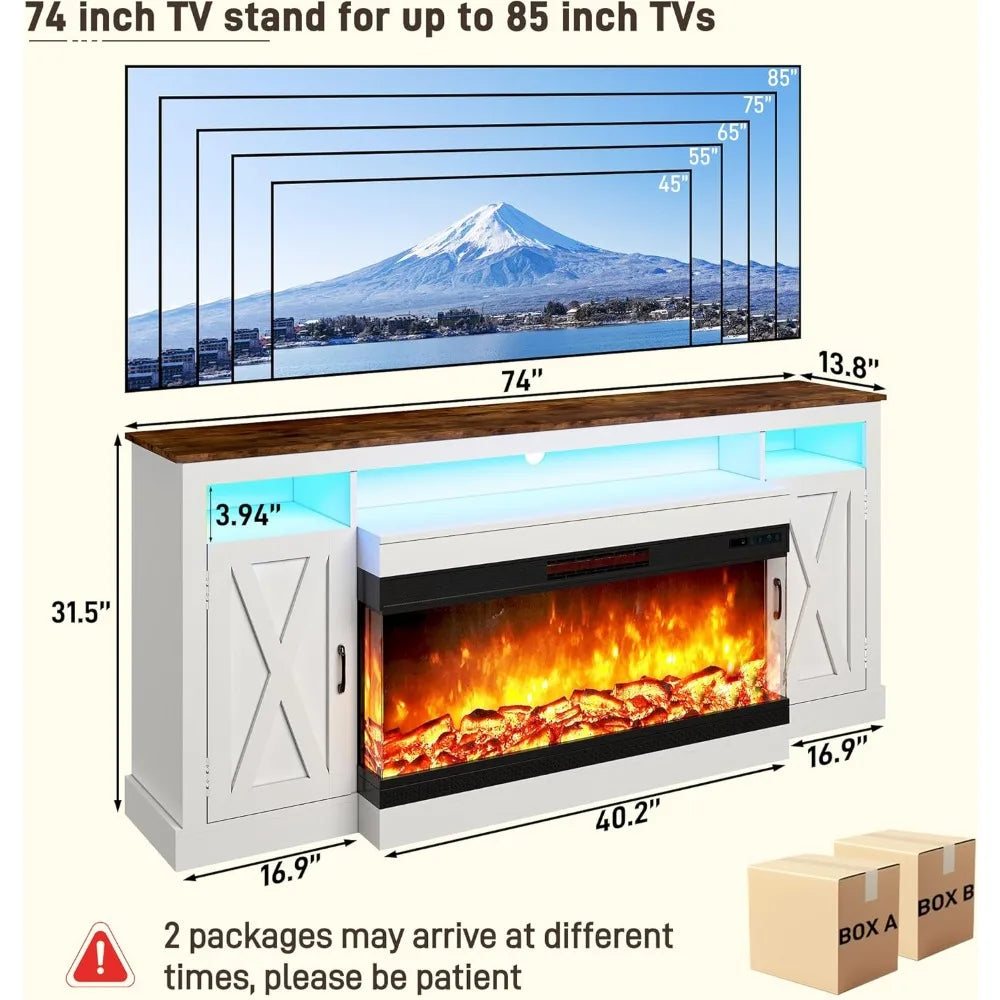 Farmhouse TV Stand With Glass Fireplace And LED Light