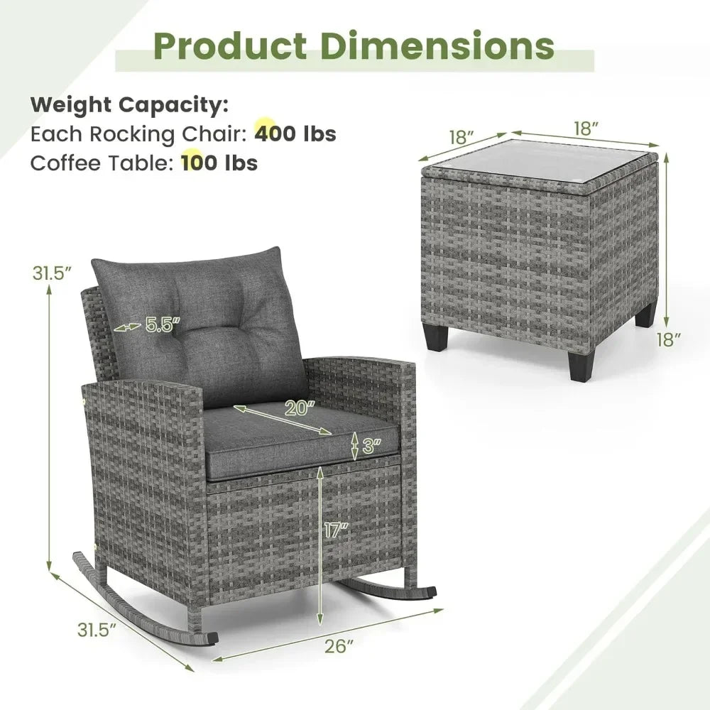 ANGDUO Wicker Patio Rocking Bistro Set With Glass Table
