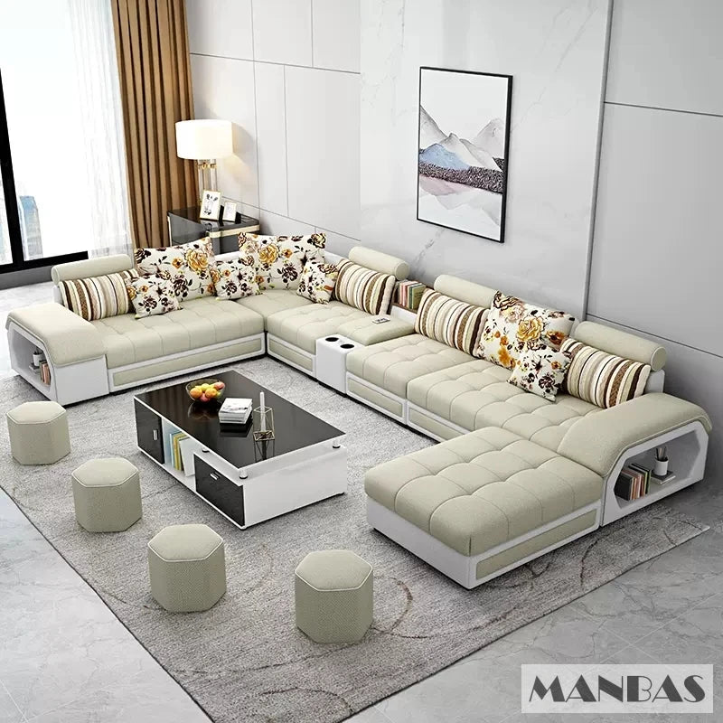 Linlamlim U Shaped Fabric Sofa Set with USB Stools Home