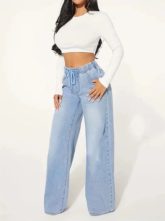 Guangdong Women Jeans Drawstring Straight Leg Denim