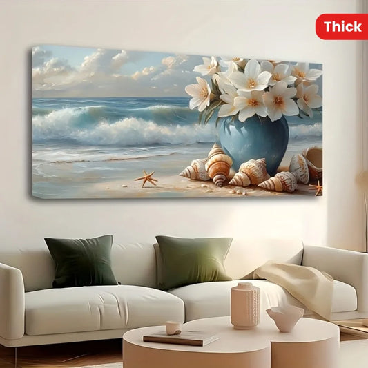 Hign-concerned Pine Wood Frame Beach Canvas Marine Flower