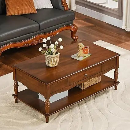 Mid Century Solid Wood Coffee Table With Storage Drawers