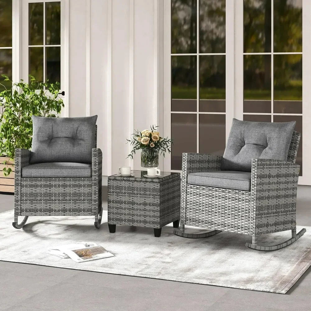 ANGDUO Wicker Patio Rocking Bistro Set With Glass Table