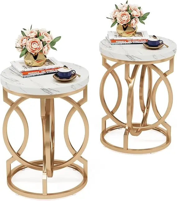 Modern Round End Table Set Of 2 Thick Tabletop Metal Base