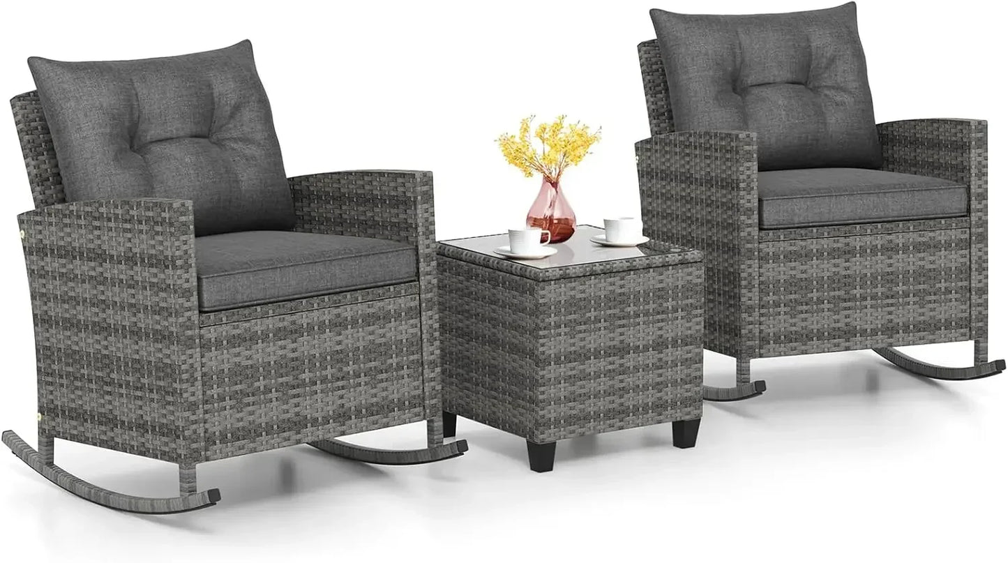 ANGDUO Wicker Patio Rocking Bistro Set With Glass Table