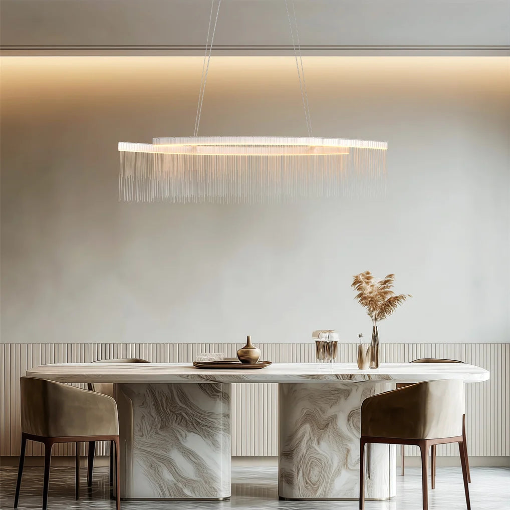 Modern Crystal Chandelier Dining Room Pendant Ceiling Light Fixture,Dimmable LED Chandelier Light with Tassel Chain for Home Dec