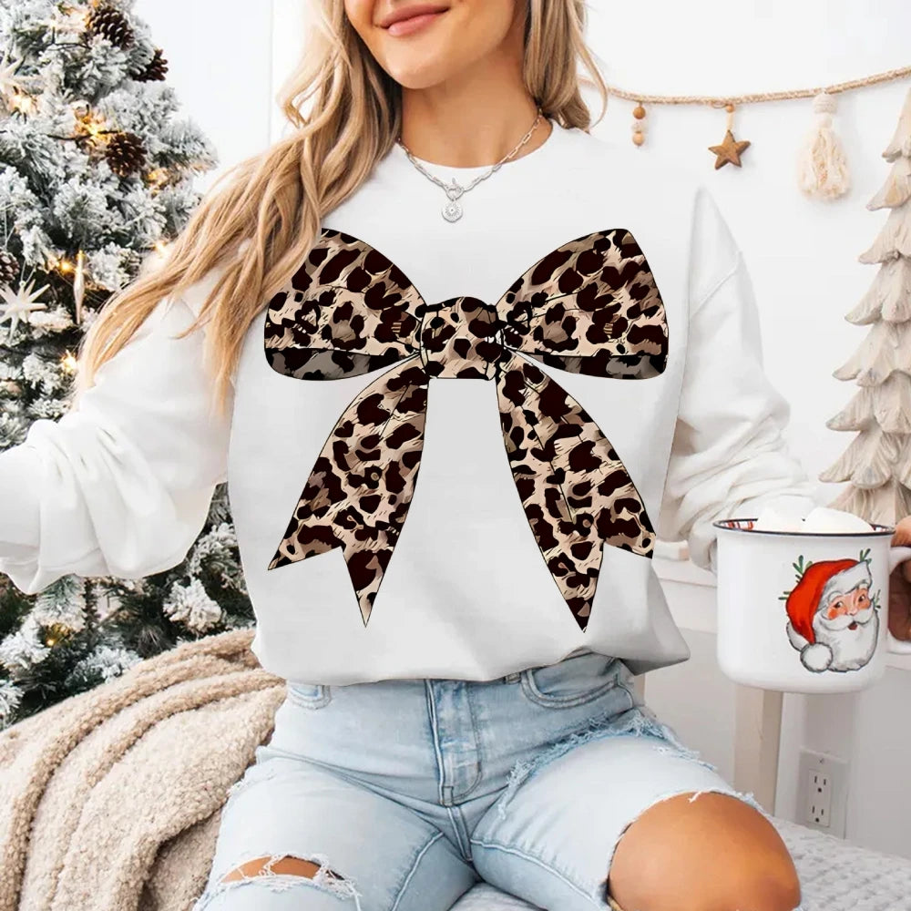 Leopard Bow Print Sweatshirts For Women Round Neck Hoodie