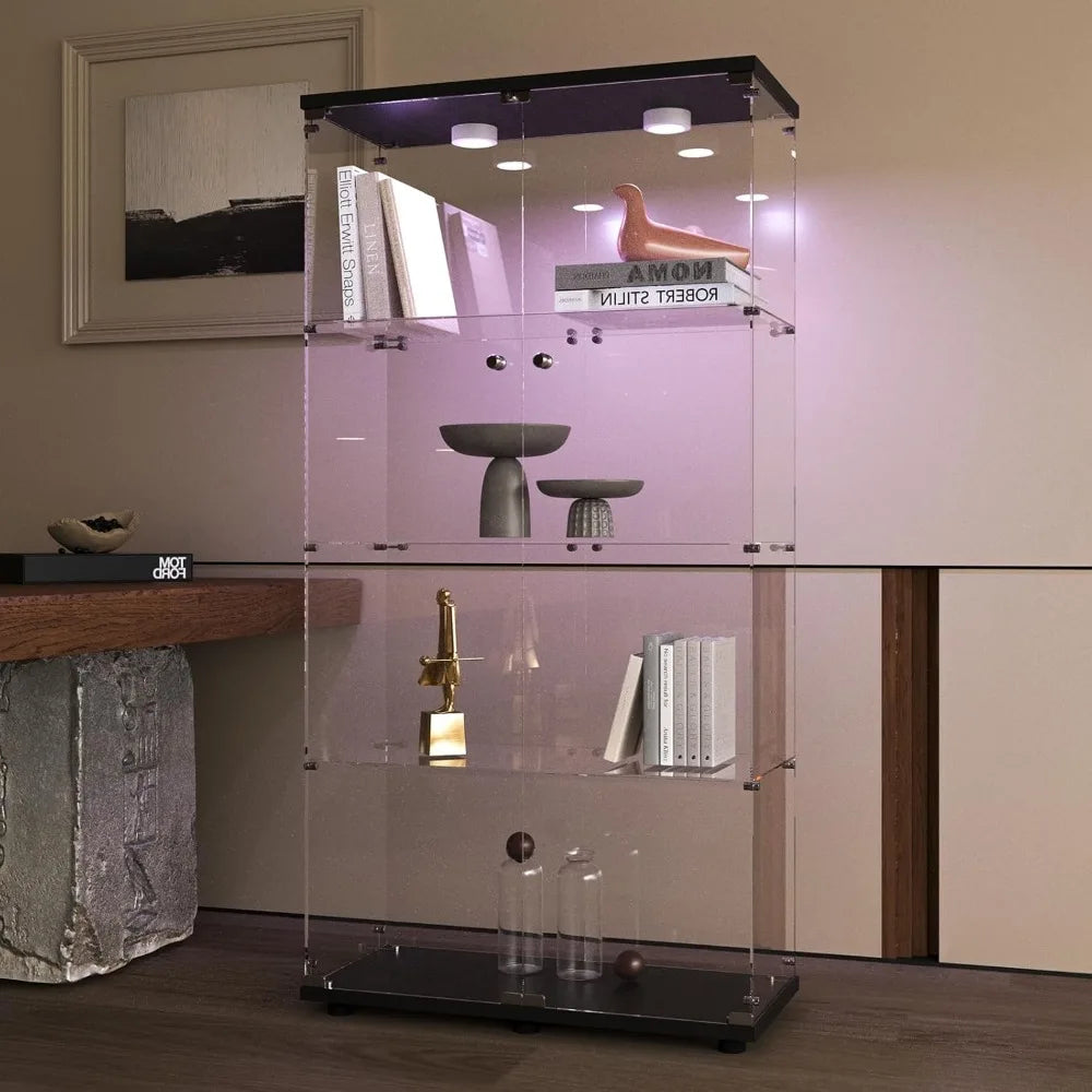 XUYUAN Glass Display Cabinet With Light 4 Shelves 2 Doors