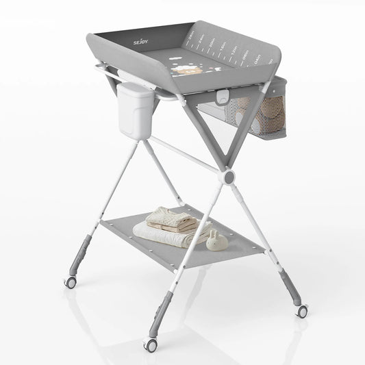 SEJOY Foldable Baby Changing With Wheels Table Portable Height Adjustable Diaper Care Station Mobile Infant Newborn Diaper Table