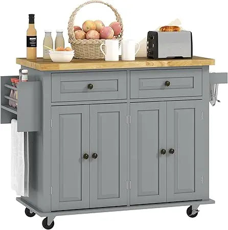 Ticify Kitchen Island Cart With Rubber Wood Top On Wheels