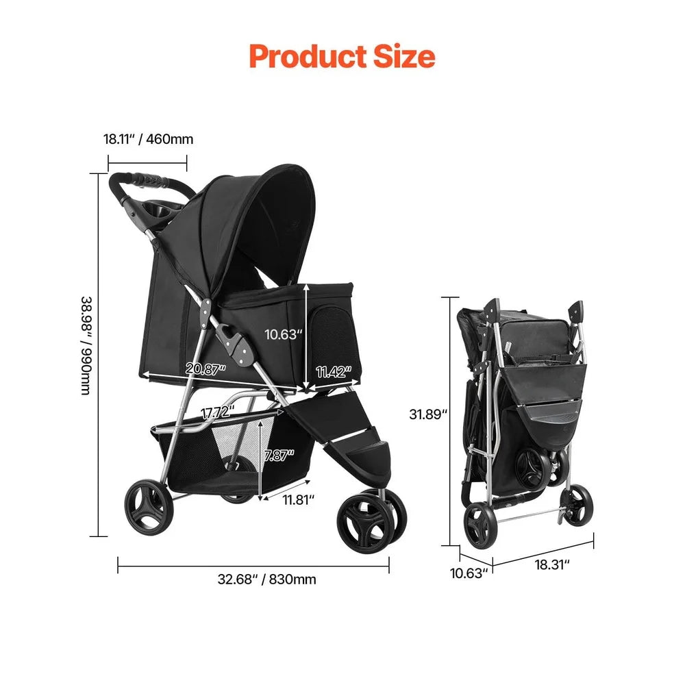 XMSJ Collapsible Pet Stroller Tri-Wheel Mesh Windows