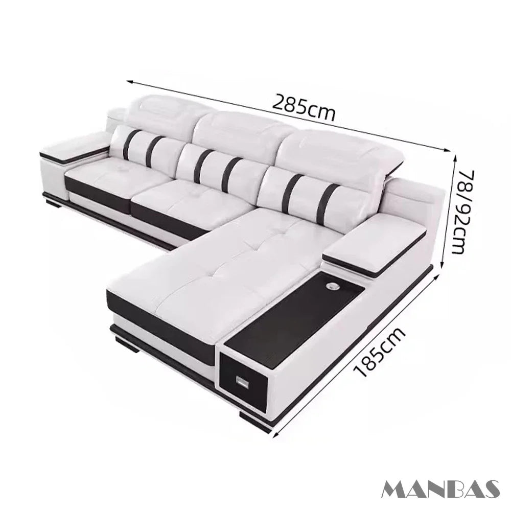 MANBAS Genuine Leather Sofa With Bluetooth USB Headrests
