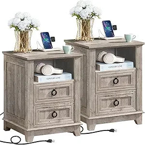 XMSJ Farmhouse Nightstands Set Of 2 With Charging Station