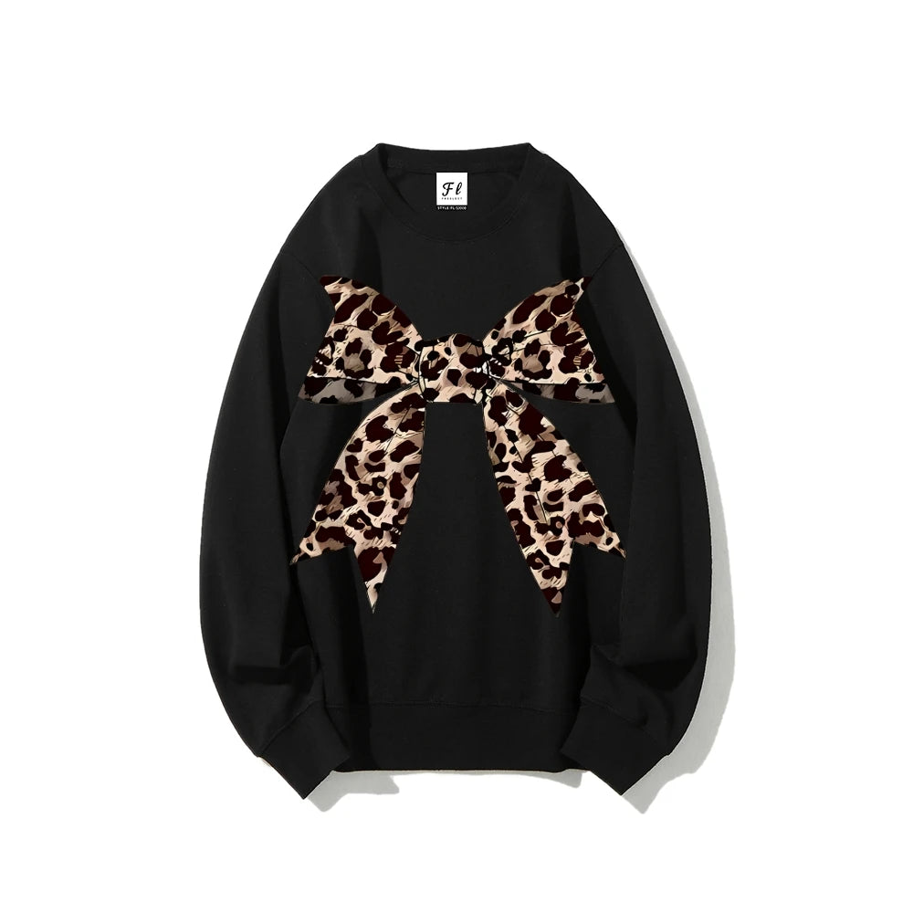 Leopard Bow Print Sweatshirts For Women Round Neck Hoodie