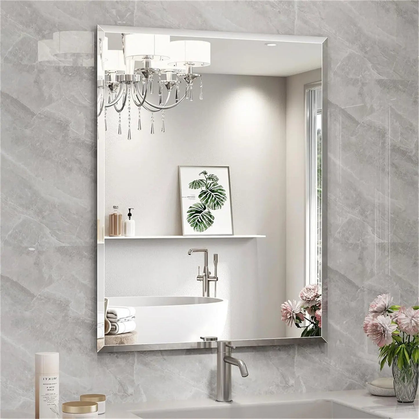 BORWARTE Rectangular Wall Mirror Beveled Silver Edge
