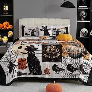 Halloween Themed Quilt Set With 3 Pillow Shams Lightweight