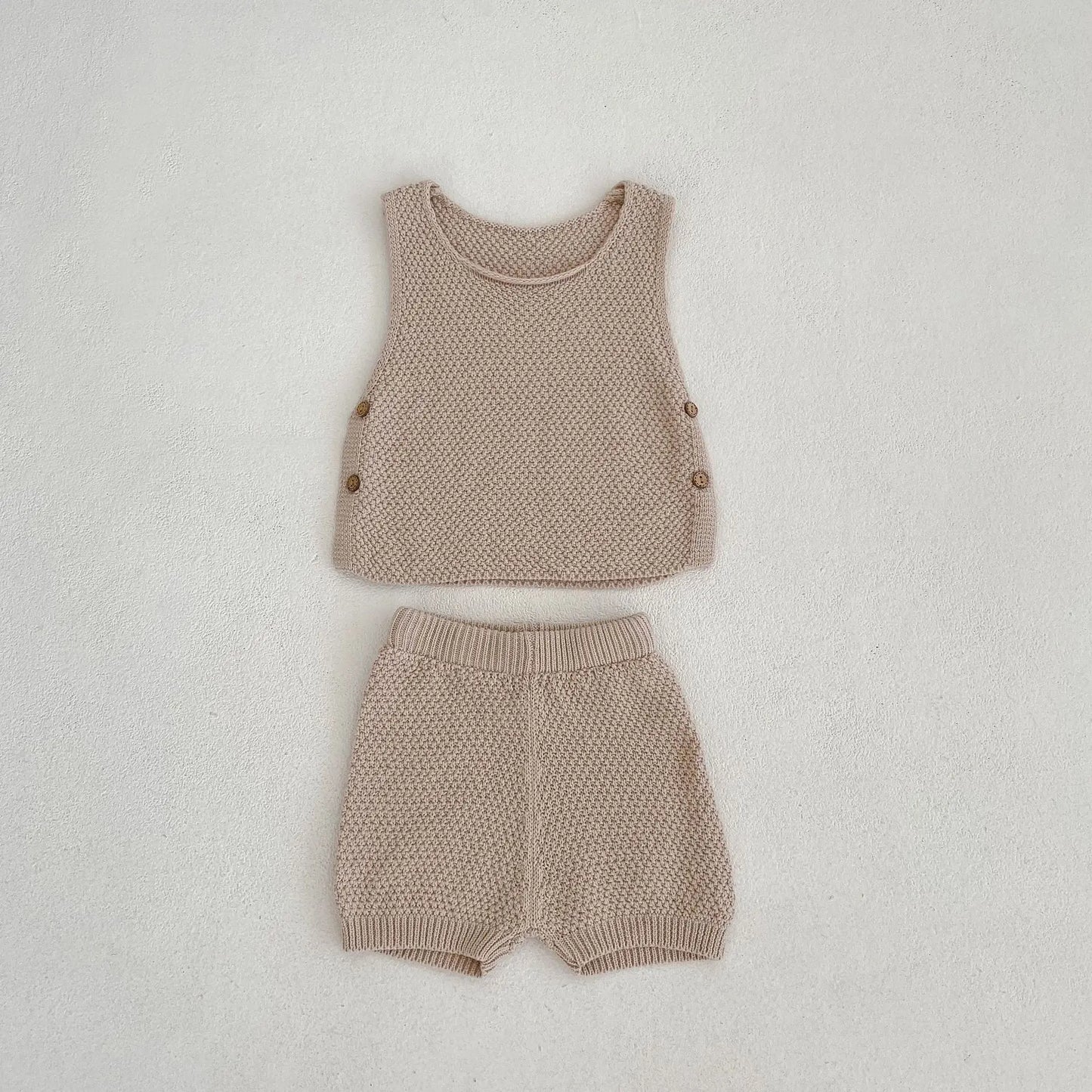 Summer Ins Baby Knitted Sweater Thin Vest Open Button Top+shorts for Boys and Girls 2-piece Suit