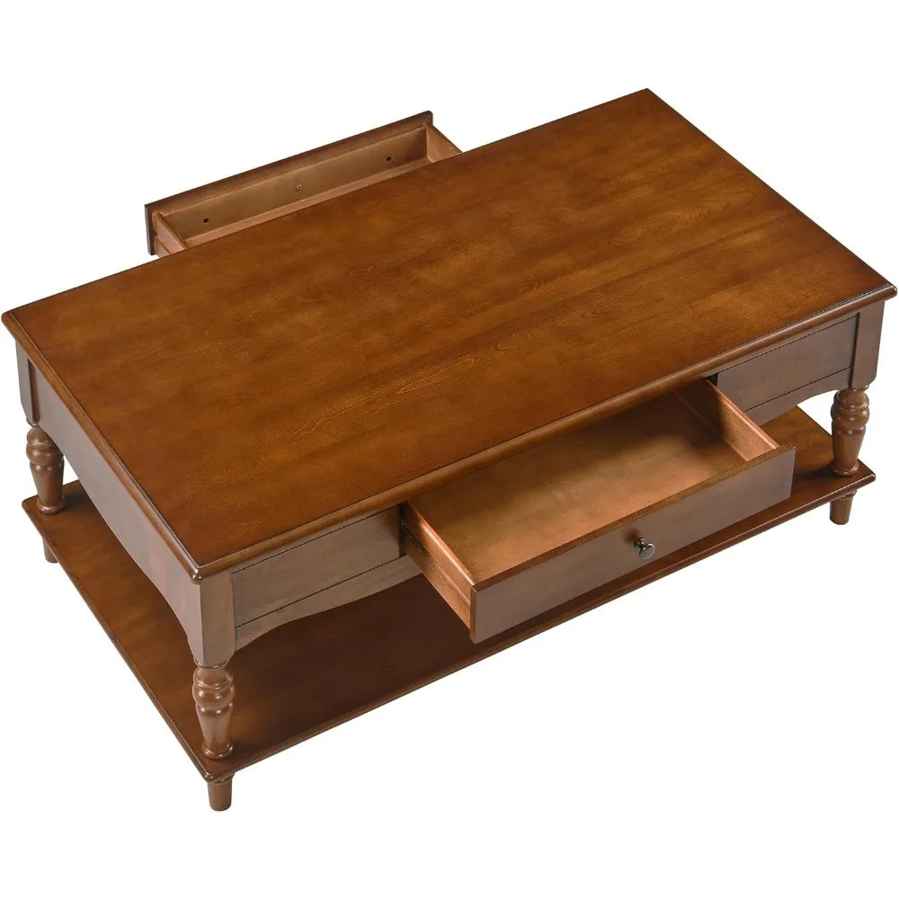 Mid Century Solid Wood Coffee Table With Storage Drawers
