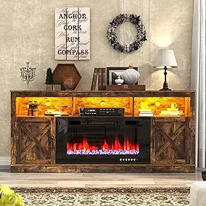 Farmhouse TV Stand With Glass Fireplace And LED Light
