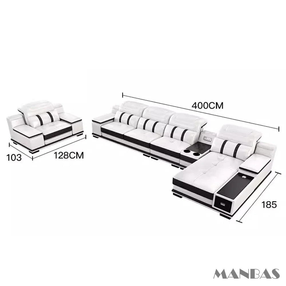 MANBAS Genuine Leather Sofa With Bluetooth USB Headrests