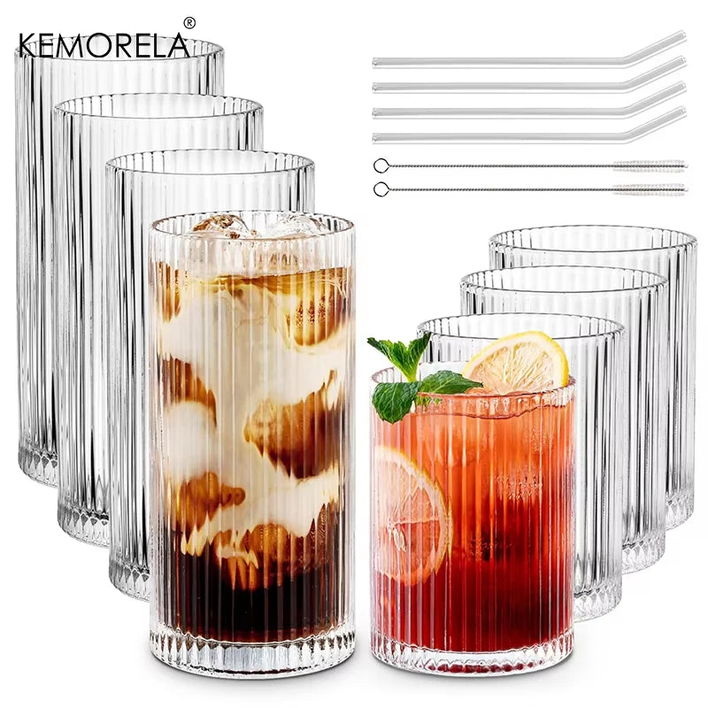 KEMORELA Ribbed Glass Cup Set 8 Piece Glassware Collection
