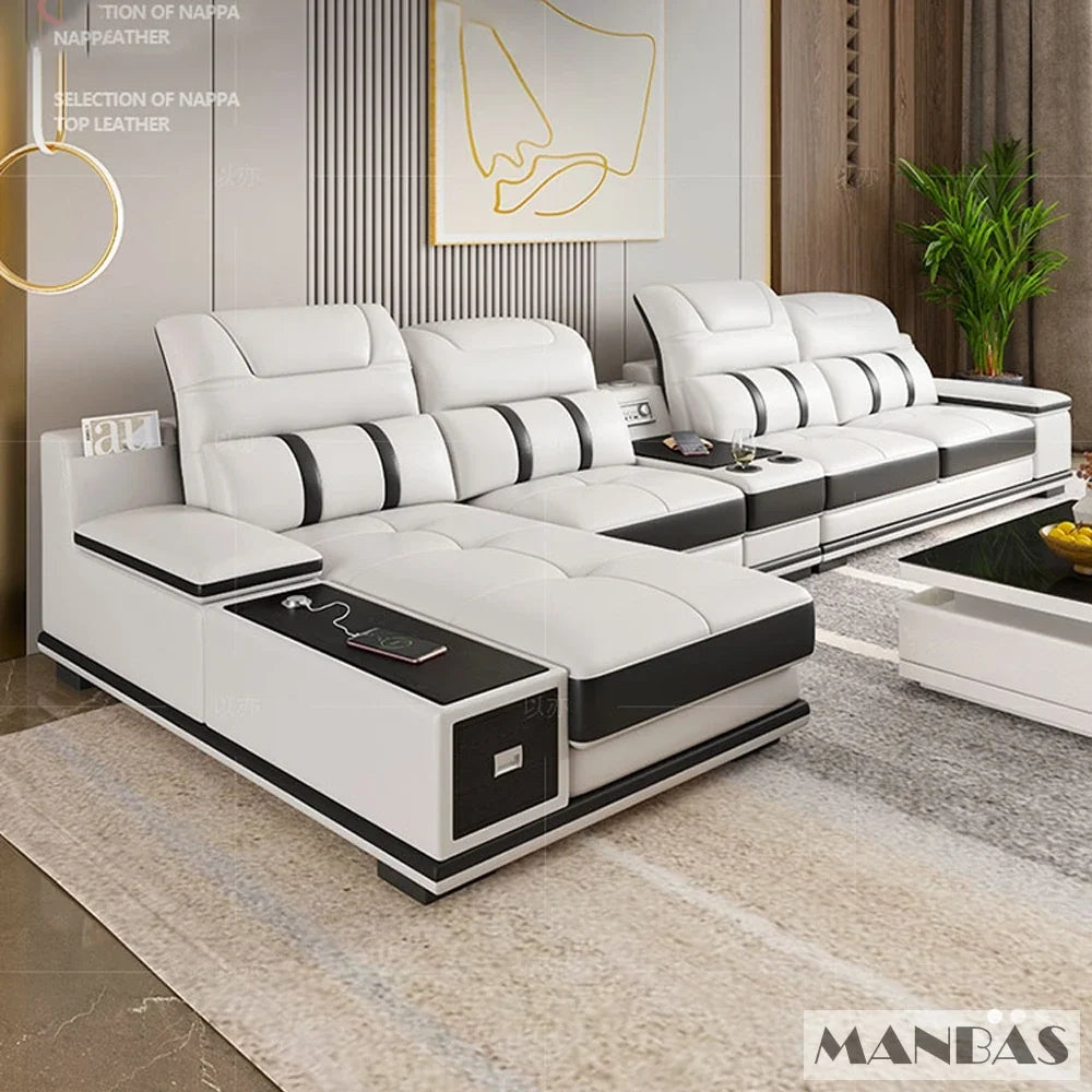 MANBAS Genuine Leather Sofa With Bluetooth USB Headrests