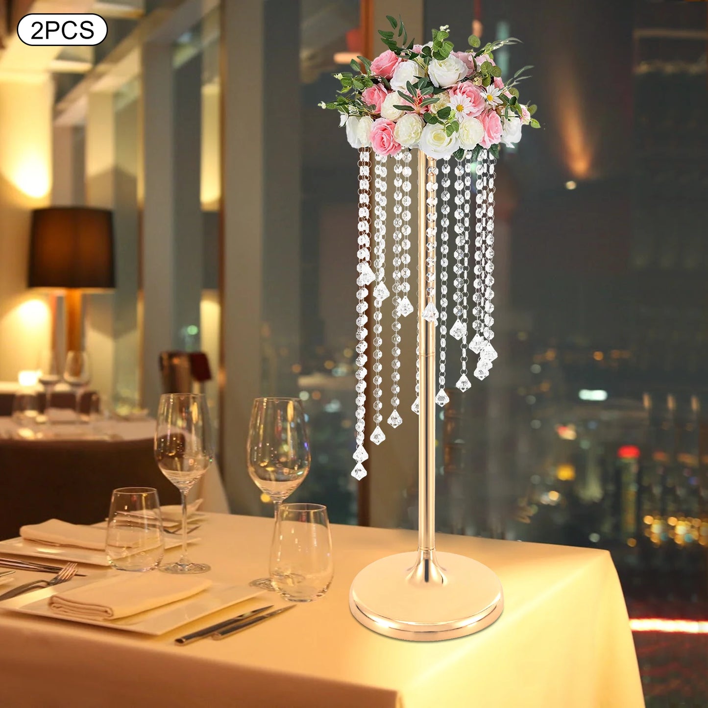 [2 Pcs Wedding Centerpieces Gold Vases] 2 Pcs 28inch Tall Metal Crystal Flower Vase - Wedding Party Tables Decorations - Elegant