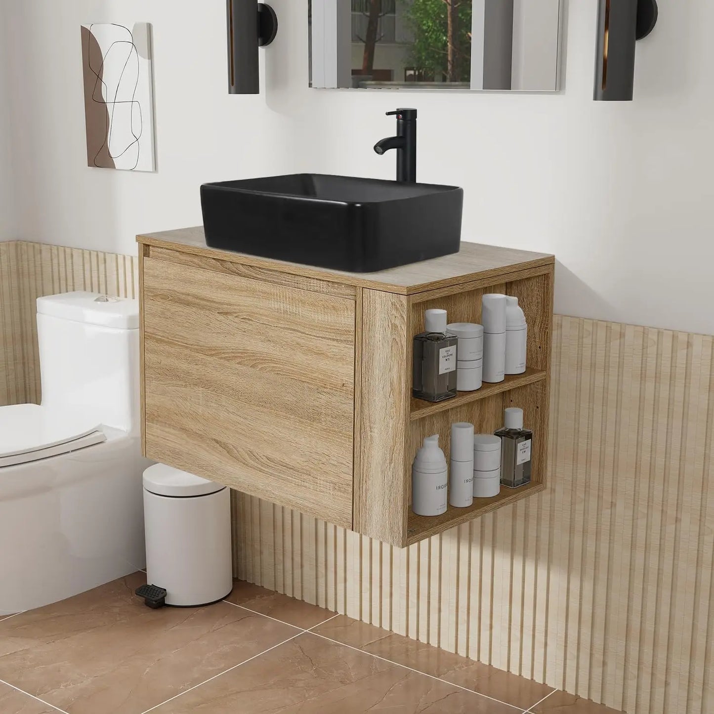 Wall Mount Vanity With Hidden Drawer And Gold Vessel Sink
