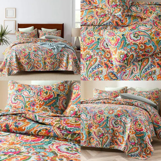 Reversible Cotton Bedspread Quilt Set With Floral Paisley