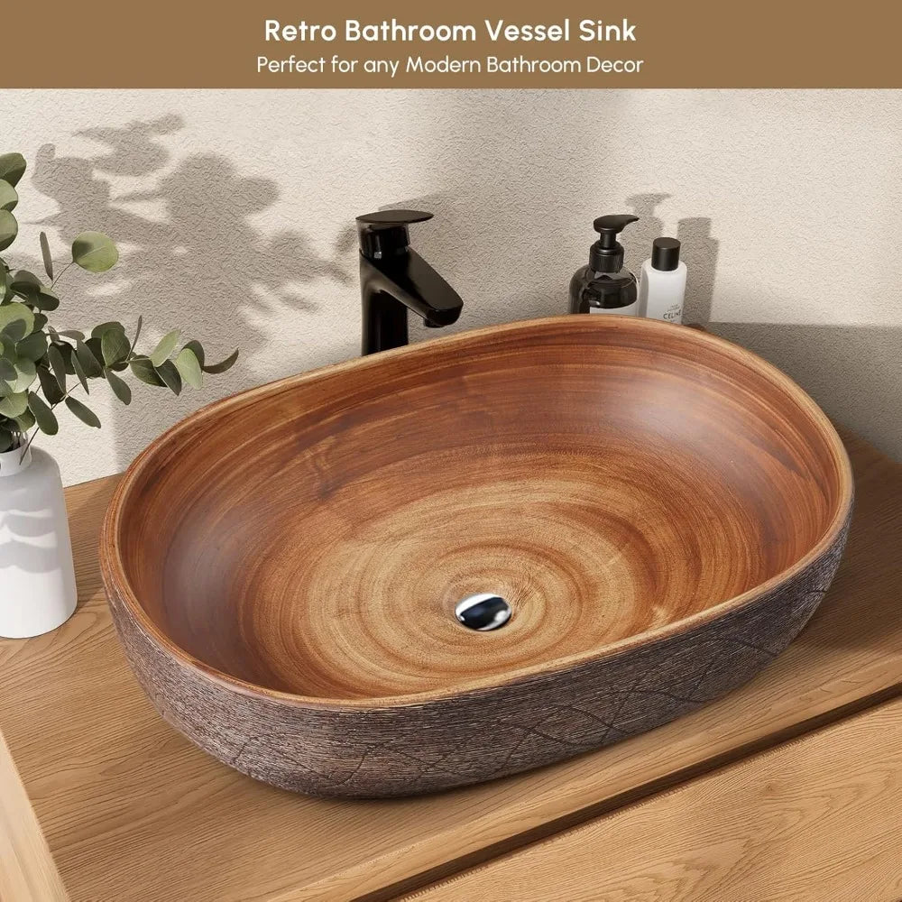 Oval Ceramic Vessel Sink For Bathroom Retro Style Wash Basin