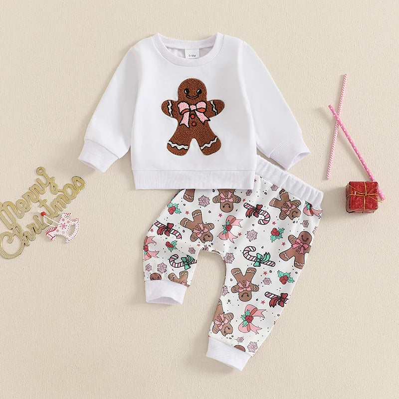 Pudcoco Toddler Christmas Embroidered Gingerbread Man Set