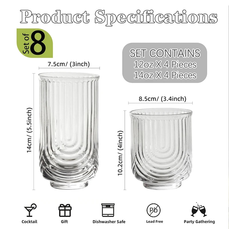 Drinkware Art Deco Cocktail Glass Highball Ribbed Set