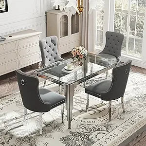 AMHDDT Glass Dining Table Set With Upholstered Chairs