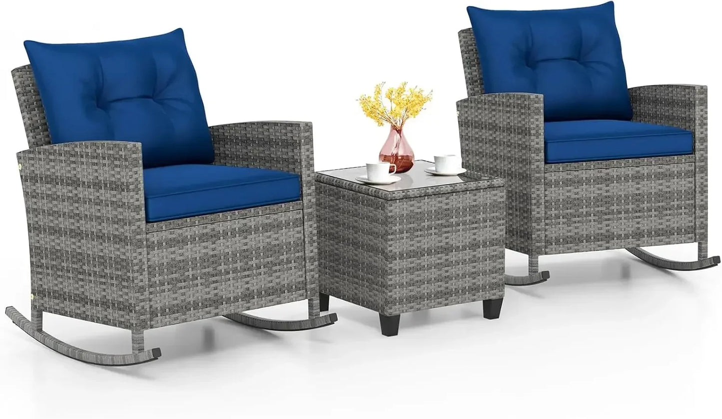 ANGDUO Wicker Patio Rocking Bistro Set With Glass Table