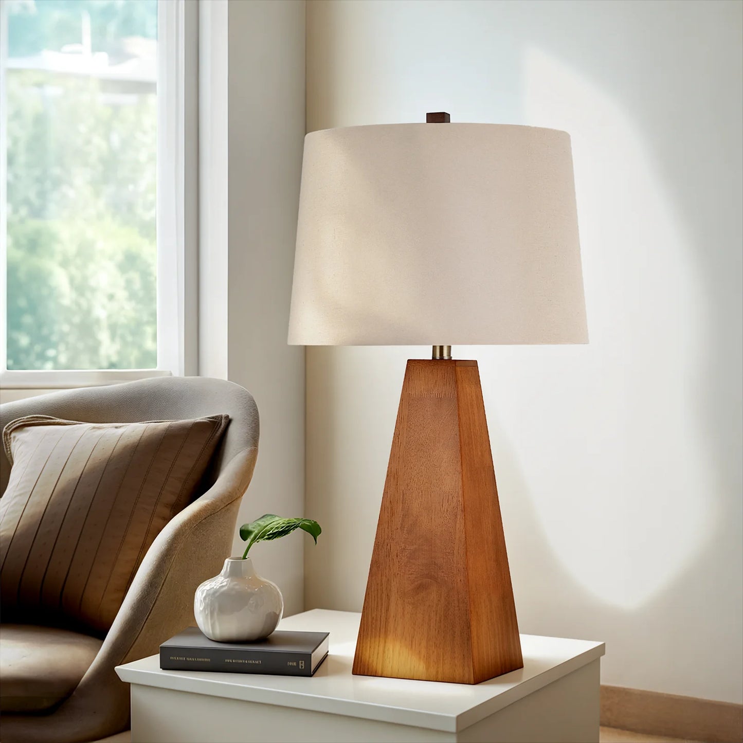 Stanbow Walnut Wood Table Lamp With Linen Shade Mid Century