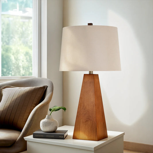 Stanbow Walnut Wood Table Lamp With Linen Shade Mid Century