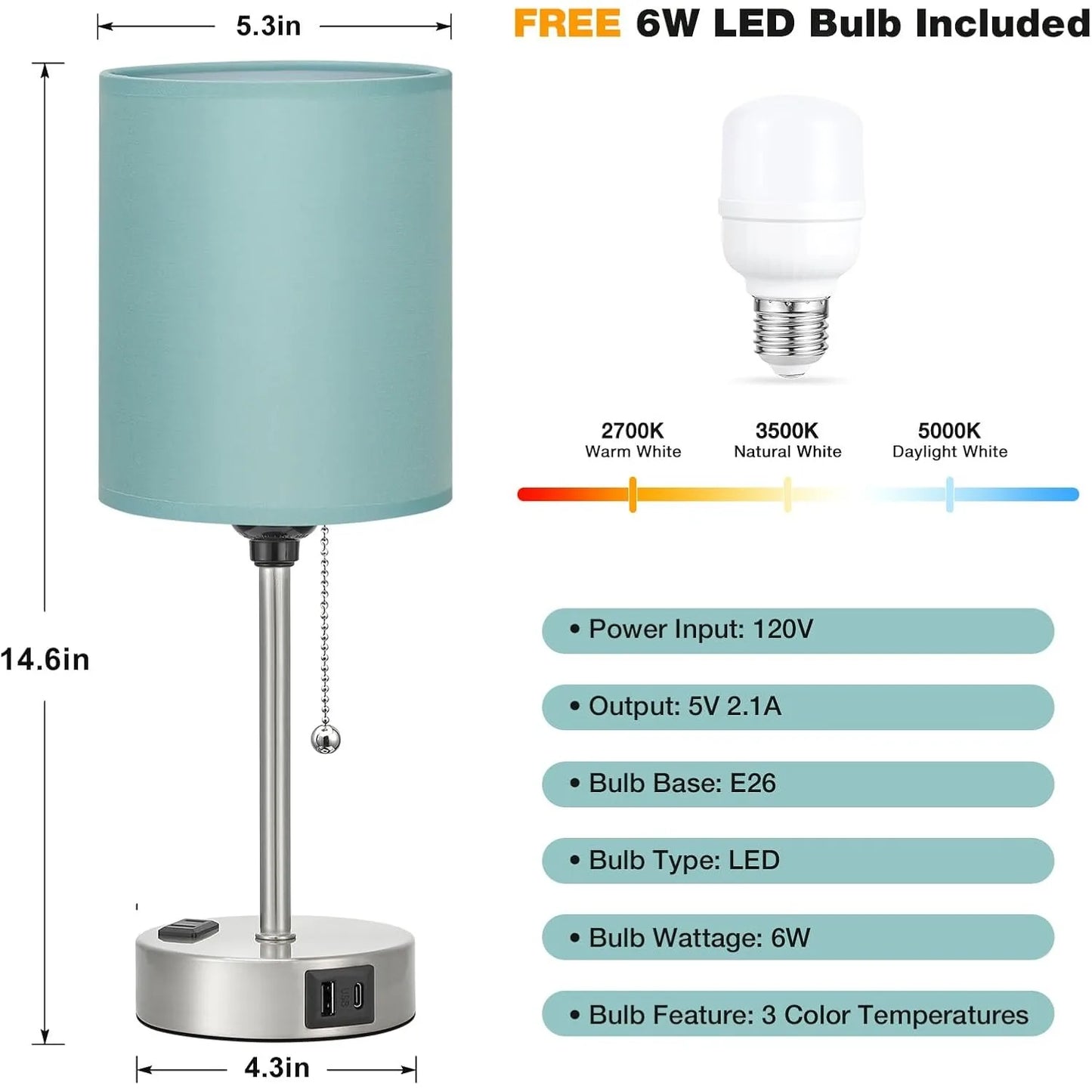 Bedside Table Lamp With Three Temperature Modes USB C Ports