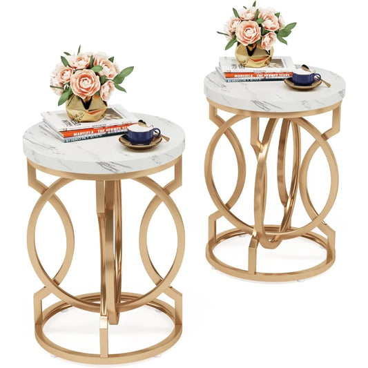 Modern Round End Table Set Of 2 Thick Tabletop Metal Base
