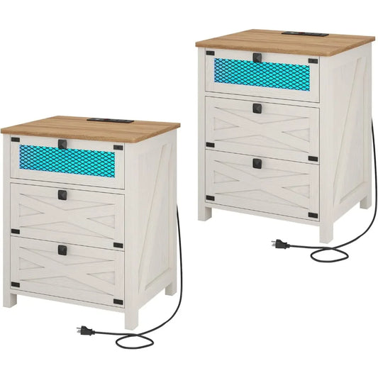 MKDK Farmhouse Nightstand Set Of 2 With Charging Station