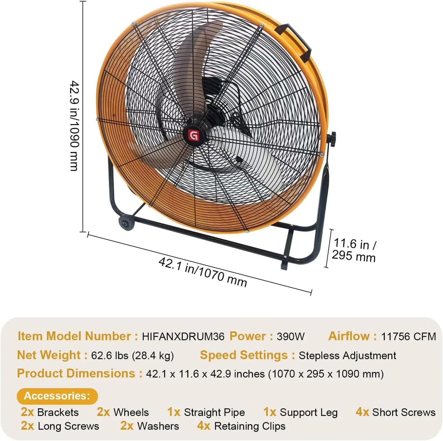 Acekool High Velocity Drum Fan 11756 CFM 3 Speed Pro
