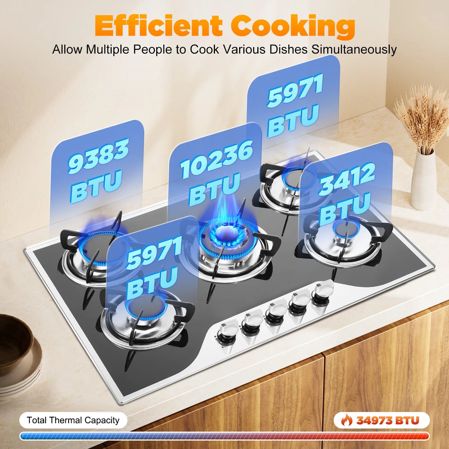 Sweetmile 5 Burner Gas Stove Glass Hob Cooktop LPG NG