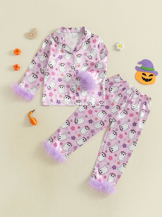 Halloween Bat Spider Print Kids Pajama Set Long Sleeve Pants