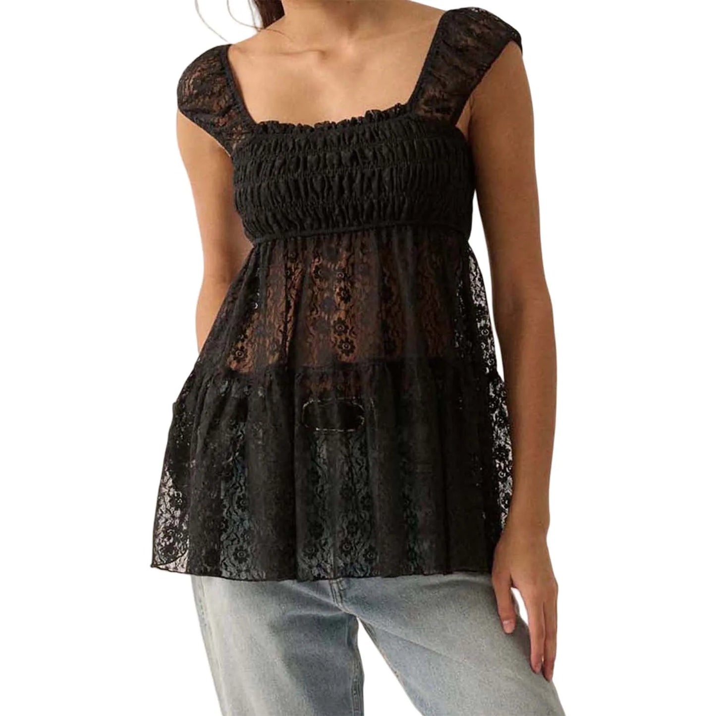CN Guangdong Womens Casual Waffle Lace Square Neck Top