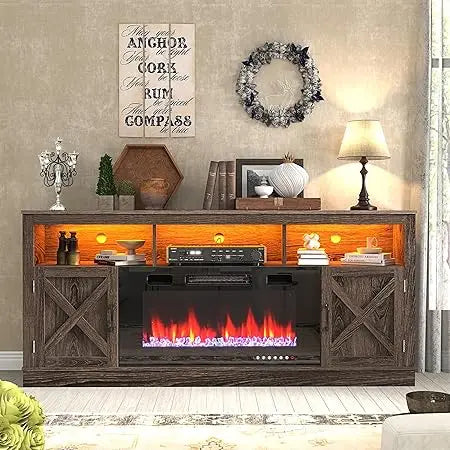 Farmhouse TV Stand With Glass Fireplace And LED Light