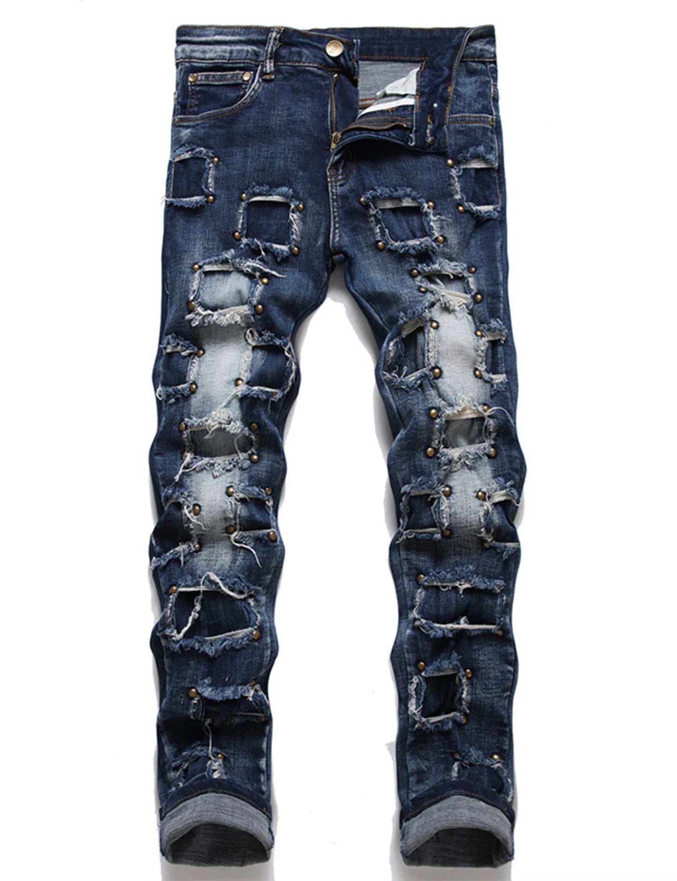 CN Zhejiang Mens Steampunk Patchwork Denim Jeans Rivet