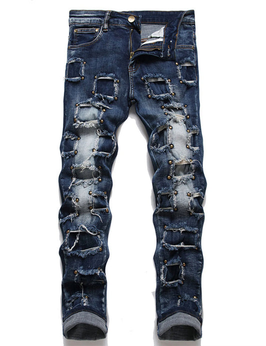CN Zhejiang Mens Steampunk Patchwork Denim Jeans Rivet