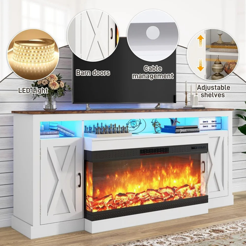 Farmhouse TV Stand With Glass Fireplace And LED Light