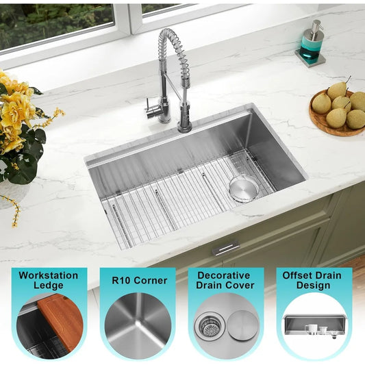 Undermount Stainless Steel Workstation Sink Single Bowl